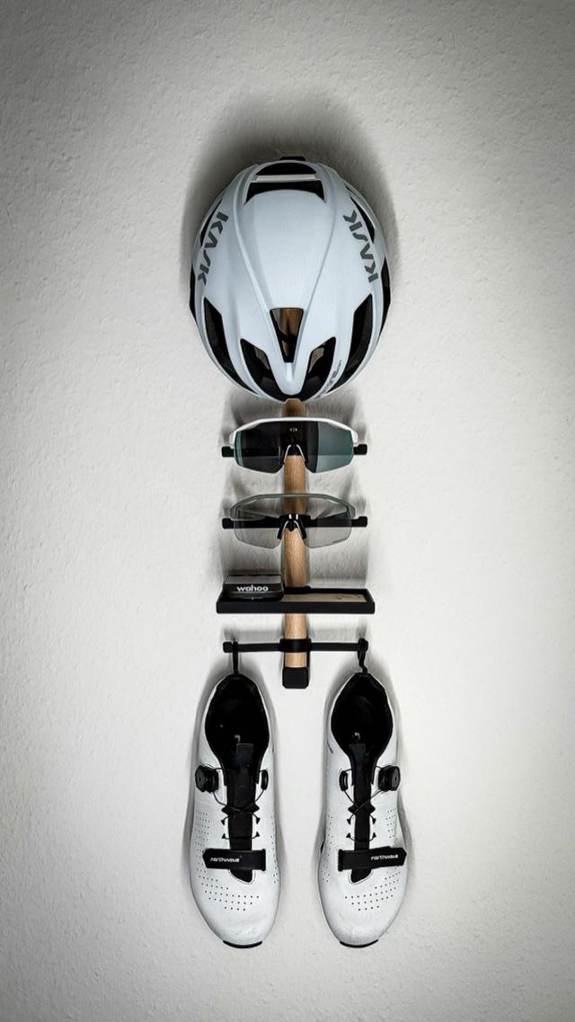 Bike Gear wall mount in beech, holding a helmet, cycling glasses and shoes