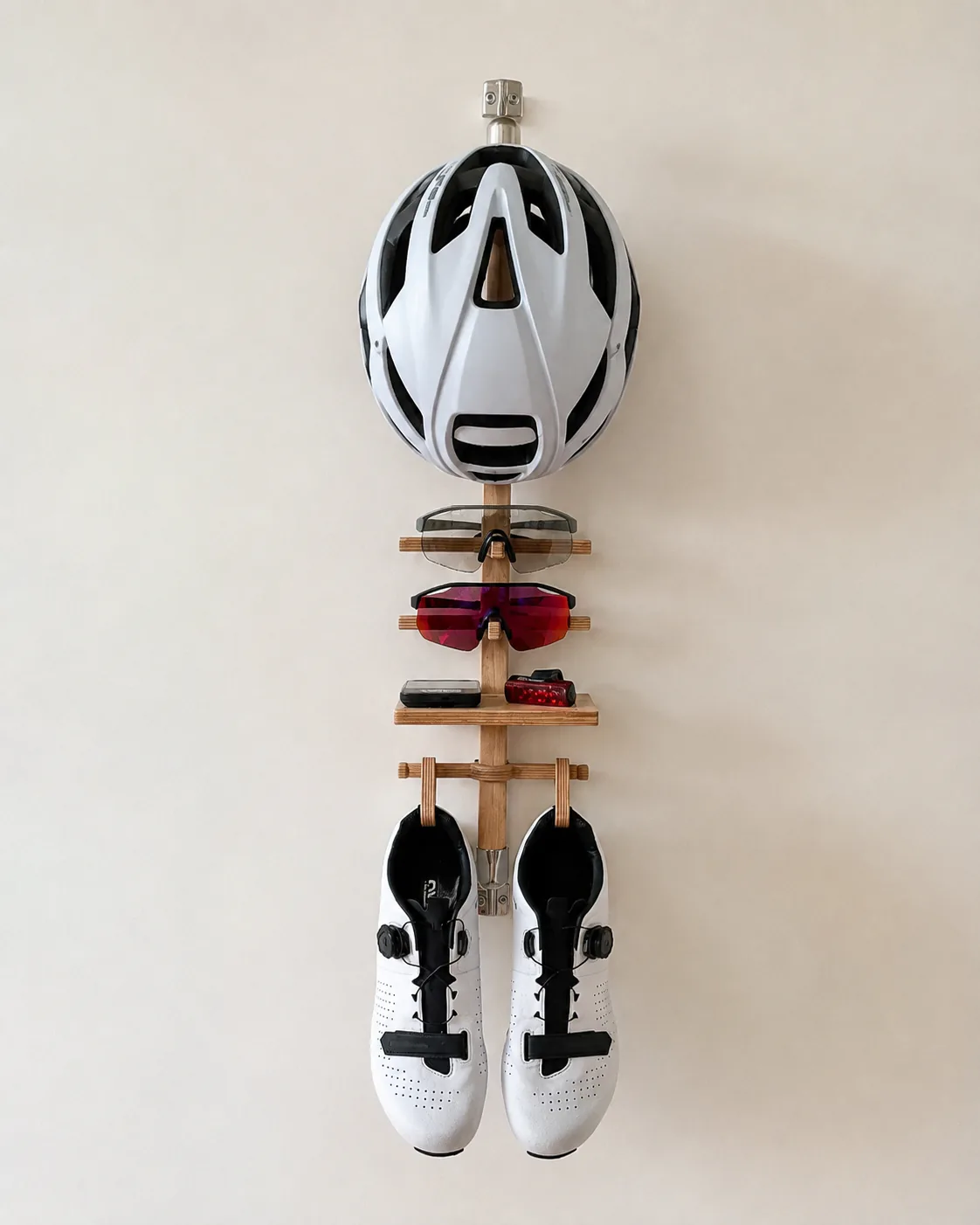 Bike Gear wall mount in wood and stainless steel on a wall
