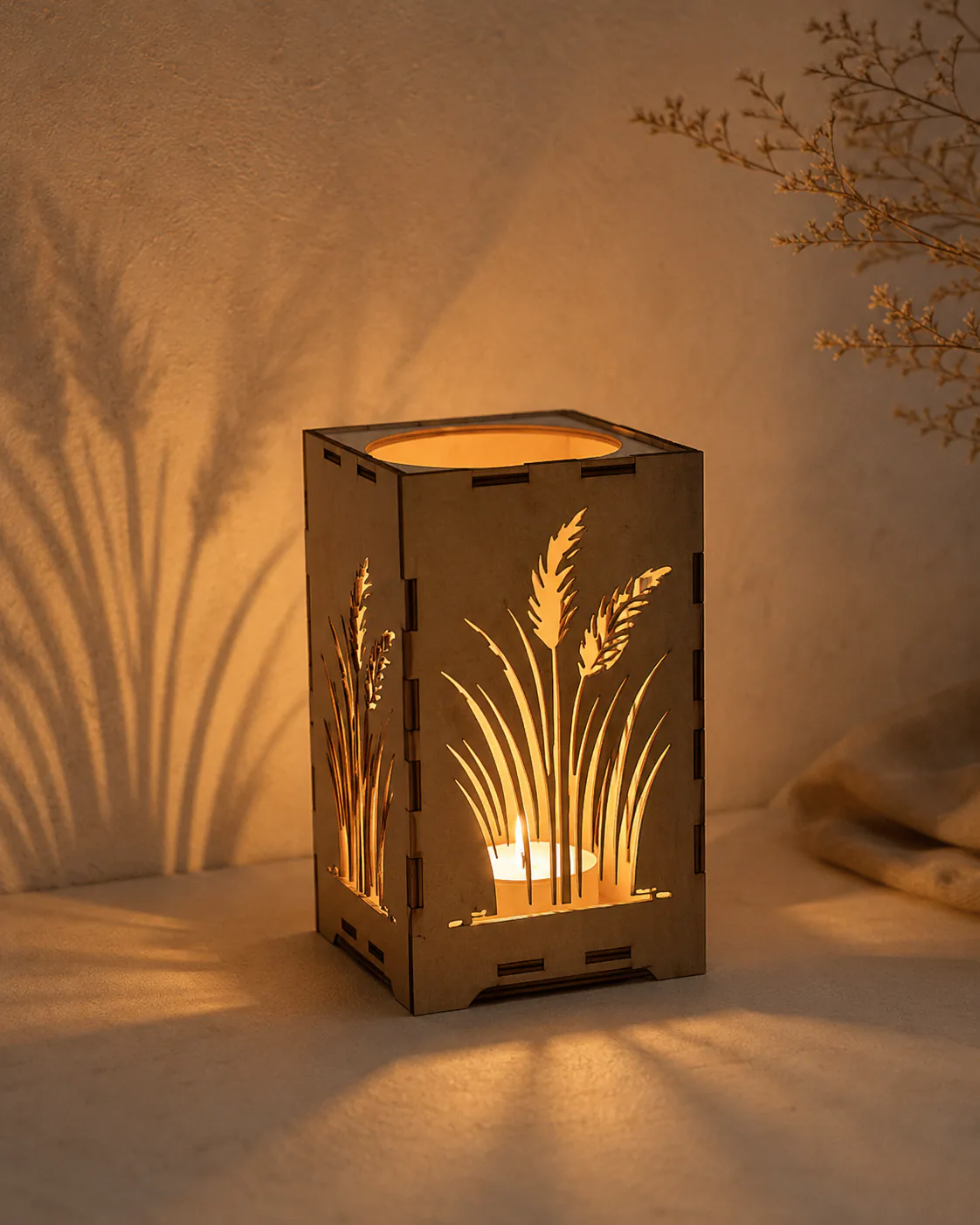 Wooden lantern with grass motif and a lit tealight